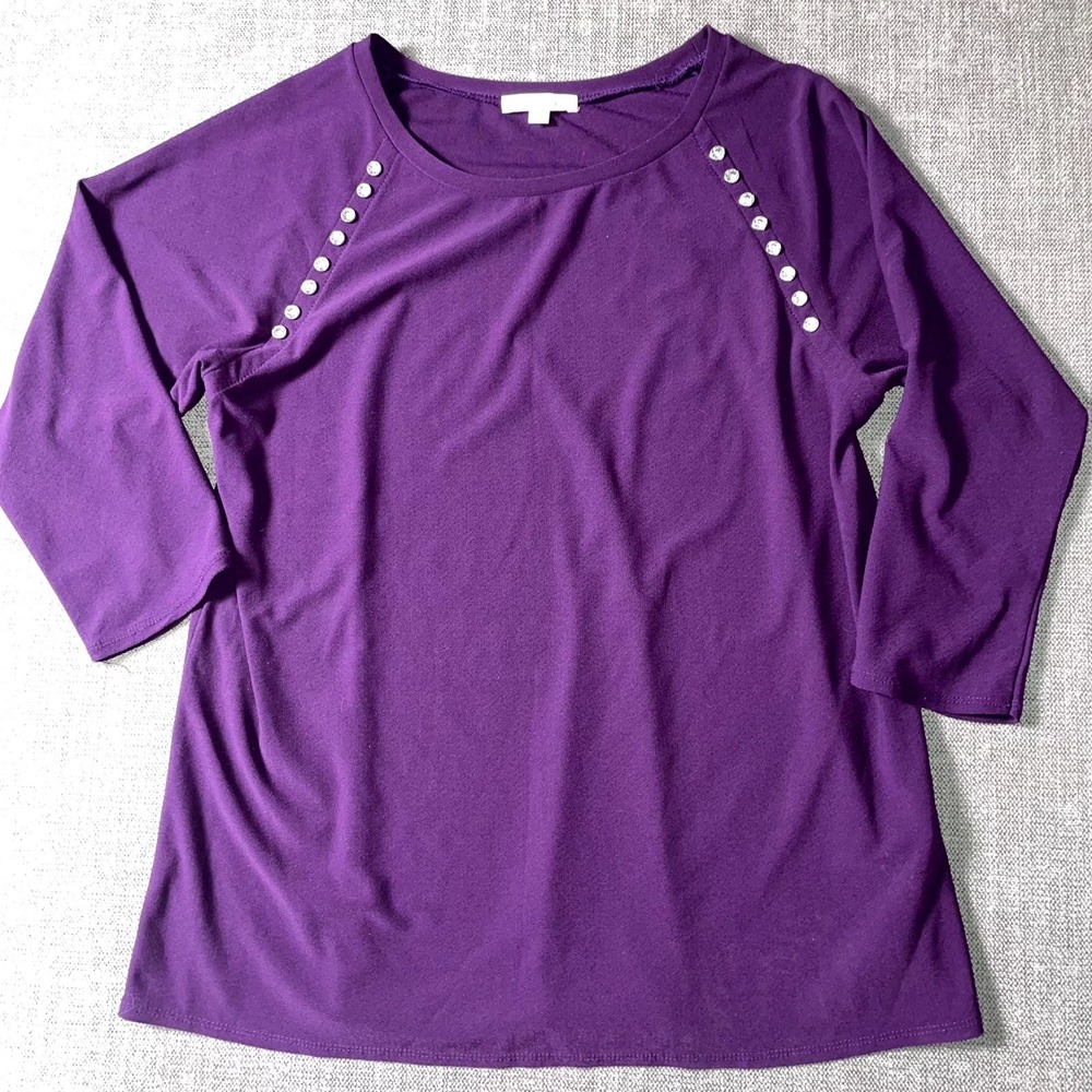89th Madison Top Womens Medium Purple Round Neck Raglan Sleeve Embellishment